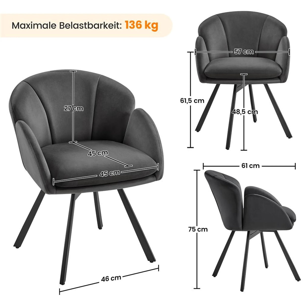 Yaheetech Swivel Chair Floral - Mécanisme de pivotement à 360°, coussin d'assise amovible et base en métal en forme de X - Pour chambre à coucher et bureau à domicile - Bouclé noir et métal - 57 x 61 x 75 cm