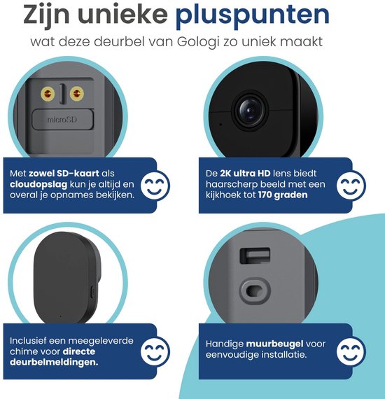 Gologi Video Doorbell - Sonnette intelligente avec caméra et WiFi - Qualité vidéo HD - Sans fil sur batterie - Support mural et carillon inclus - Vision nocturne - Résistant à l'eau - Noir