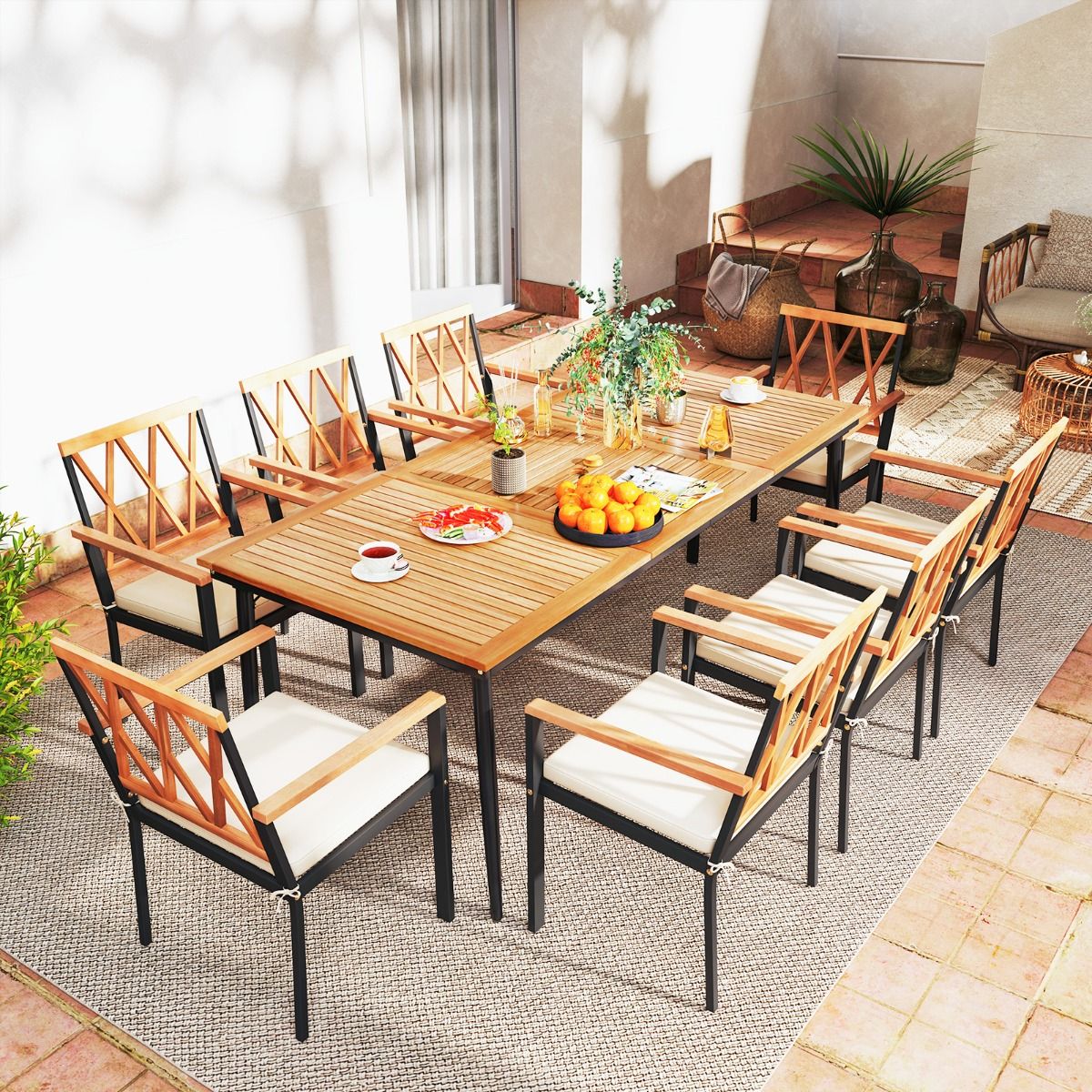 Table de jardin Coast pour 8 personnes - bois d'acacia avec pieds en métal - trou pour parasol de 5 cm - couleur naturelle et noire - 200 x 90 cm