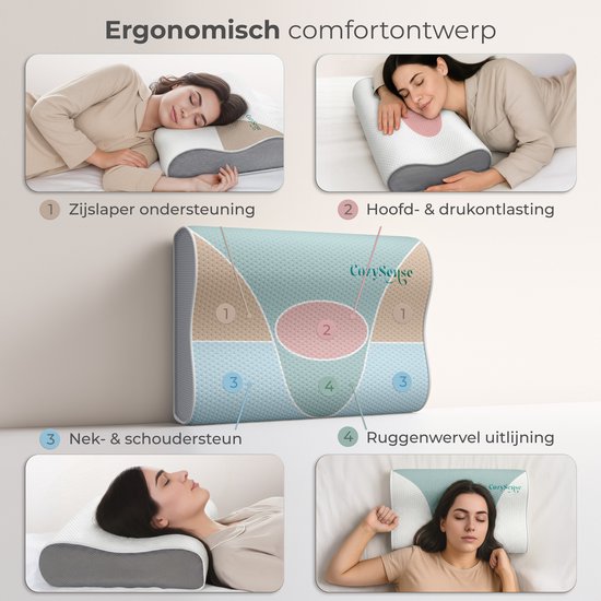 Oreiller CozySense® - Oreiller orthopédique - Oreiller ergonomique - Oreiller de sommeil en mousse à mémoire de forme - Taie d'oreiller et sac de transport inclus - Fermeté - pour les dormeurs sur le côté, le ventre et le dos