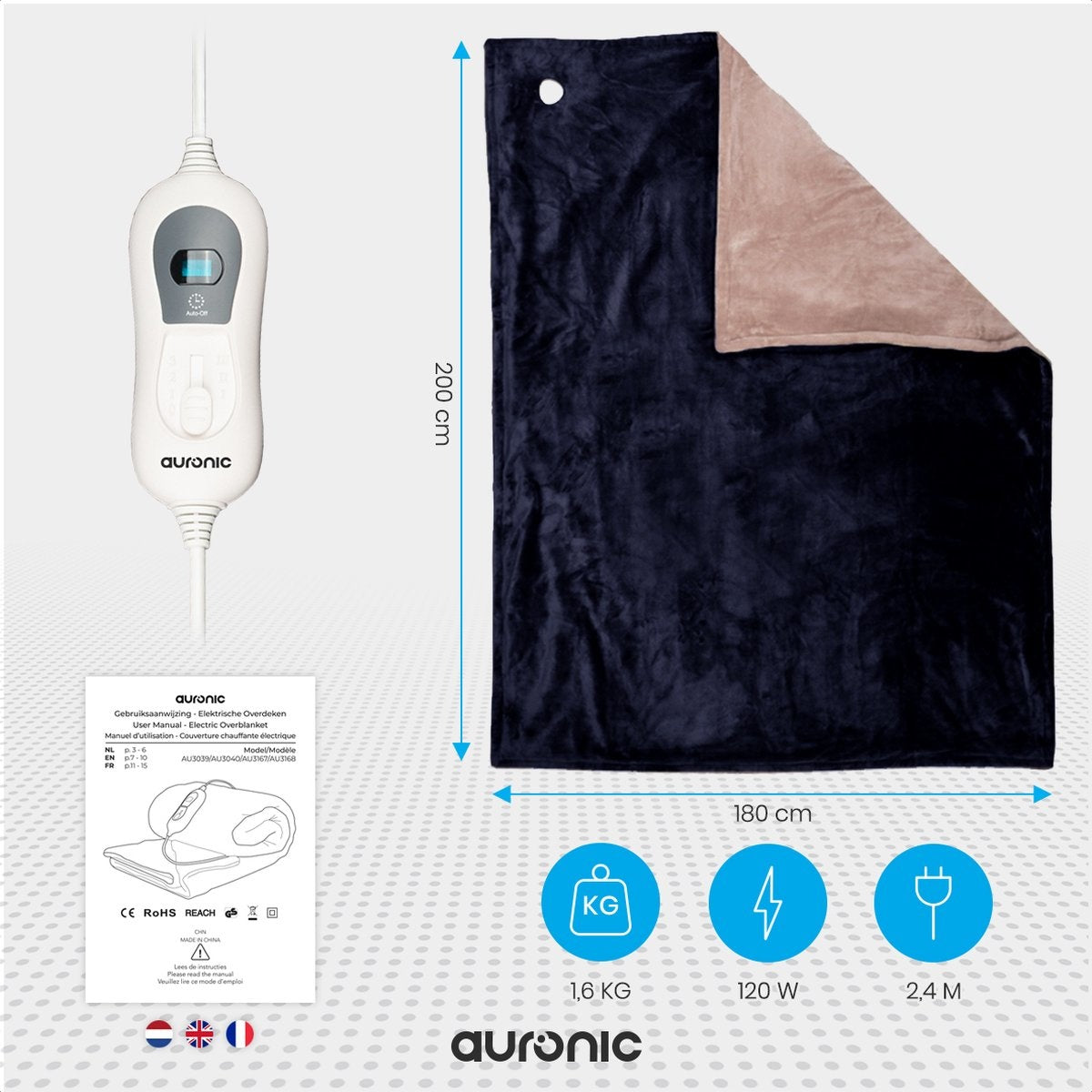Couverture chauffante électrique - Auronic - 2 personnes - 3 niveaux - Avec minuterie - 200 x 180 cm - Bleu