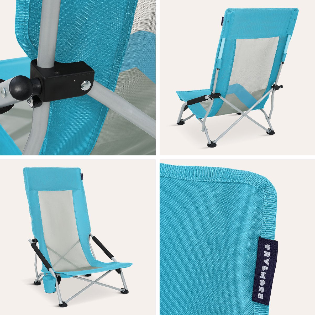 TRVLMORE Chaise de plage - Pliable - 130 kg maximum - Avec porte-gobelet et sac de transport - Dossier haut - Bleu