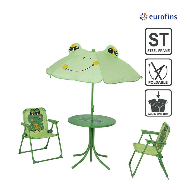 Ensemble de salon d'extérieur pour enfants Terrabeta - 2 chaises, une table et un parasol - Motif grenouille - Table ø 50 cm - Vert