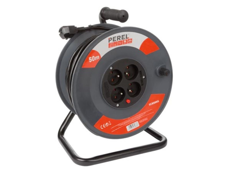 Perel Enrouleur de câble 50 M - 3G1.5 - Broche-terre - 4 prises