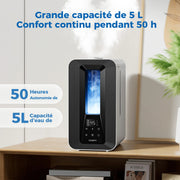 Humidificateur à ultrasons Conopu 5 L - Contrôle intelligent de l'humidité - Buses de pulvérisation à 360° - Diffuseur d'arômes - Éclairage d'ambiance LED - Noir - 170 x 240 x 327 mm