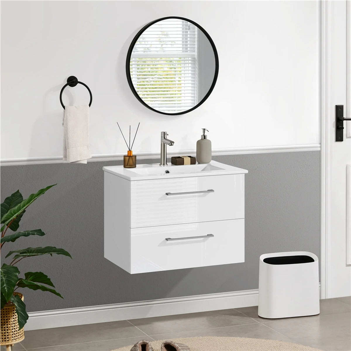 Meuble sous-lavabo suspendu Yaheetech avec lavabo en céramique - 2 pièces - 61 x 39,5 x 45,5 cm - Blanc