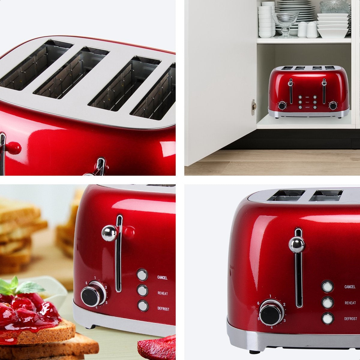 KitchenBrothers Grille-pain rétro - 6 niveaux de chaleur - 4 fentes extra-larges - 1630W - Fonctions de réchauffage et de décongélation - Rouge