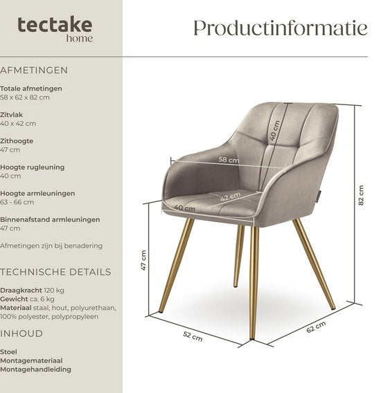 tectake® Velvet Chair - Chaise de salle à manger en velours matelassé, chaises de cuisine modernes, fauteuil confortable pour le salon, la salle à manger, la salle de séjour - taupe / gold