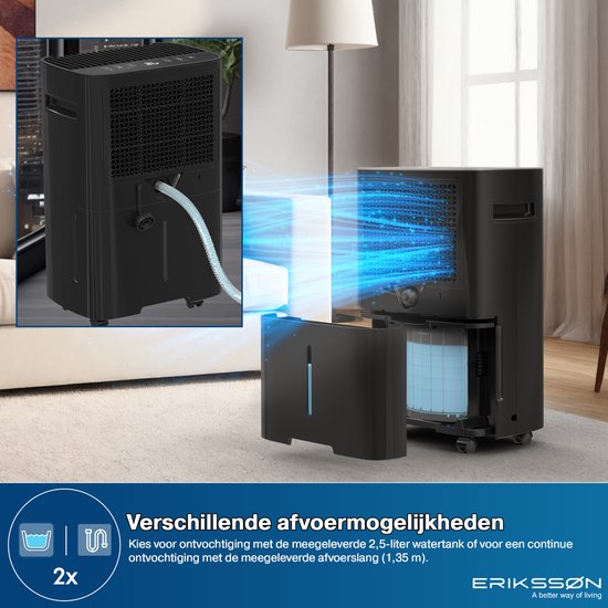 Erikssøn Dry Pro Plus Déshumidificateur 20L - Lavage-séchage, minuterie et hygromètre - Maison, chambre, salle de bain - Noir
