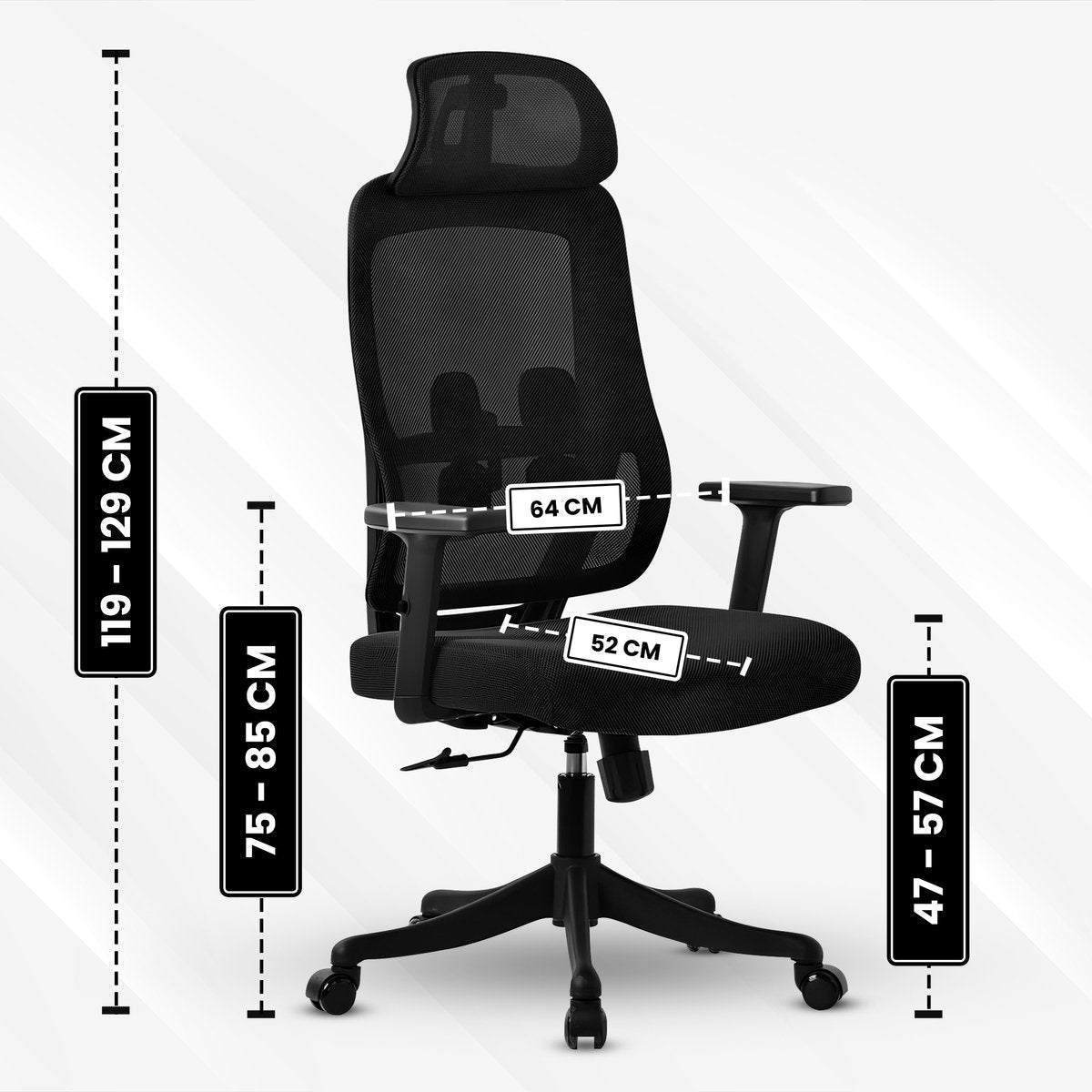 Fauteuil de bureau ergonomique Bayt - Tissu maillé avec appui-tête et soutien lombaire - Noir - 64 x 59 x 121-131 cm