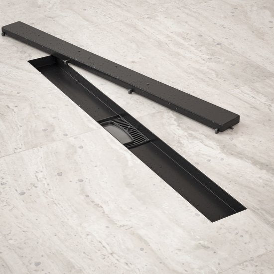 Caniveau de douche - 70 cm - Noir mat - Grille en carreaux - Acier inoxydable - Avec bride
