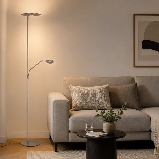 Lampadaire Zenith 2 4394ST en acier avec éclairage vers le haut et bras de lecture - Steinhauer Exclusive, design moderne, orientable et inclinable, puissance d'éclairage de 4 940 lumens, température de couleur réglable de 2 200 à 4 000 kelvins
