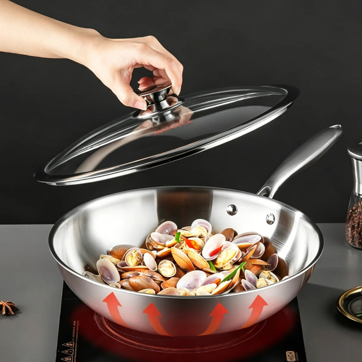 Wok Maxcook MCC7911 en acier inoxydable de 28 cm avec couvercle en verre