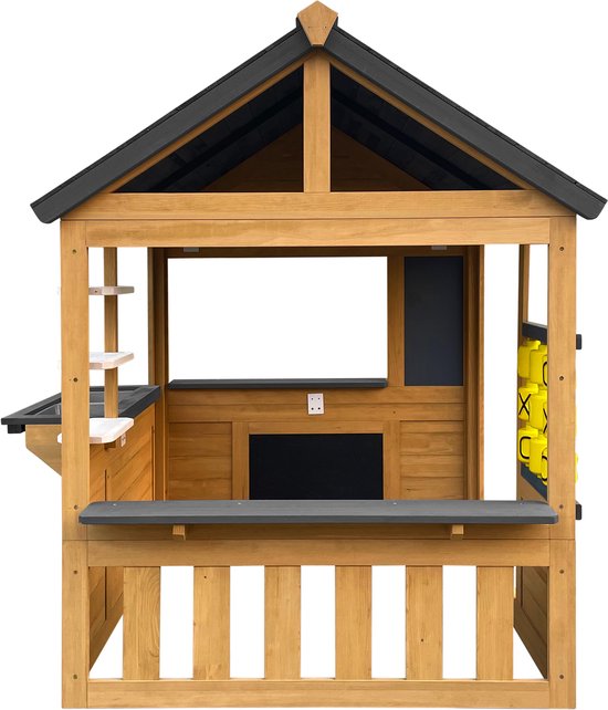 Maisonnette AXI Lynn en marron / anthracite – Maisonnette en bois avec cuisine jouet, jeu « Beurre, fromage et œufs » et accessoires – Bois certifié FSC – Maisonnette de jardin pour enfants – Garantie 10 ans !