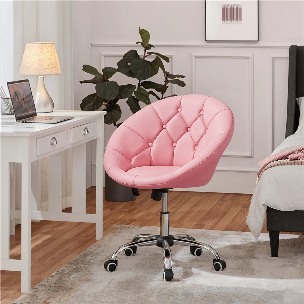 Yaheetech : fauteuil pivotant confortable de forme tonneau, 78-88 cm – rose élégant – similicuir et métal