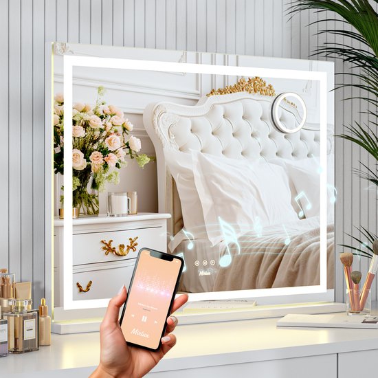 Mirlux Hollywood Mirror 80x60CM - 2 haut-parleurs Bluetooth - ports de charge USB et USB-C - éclairage LED - miroir de maquillage - zoom 10x - suspendu - blanc