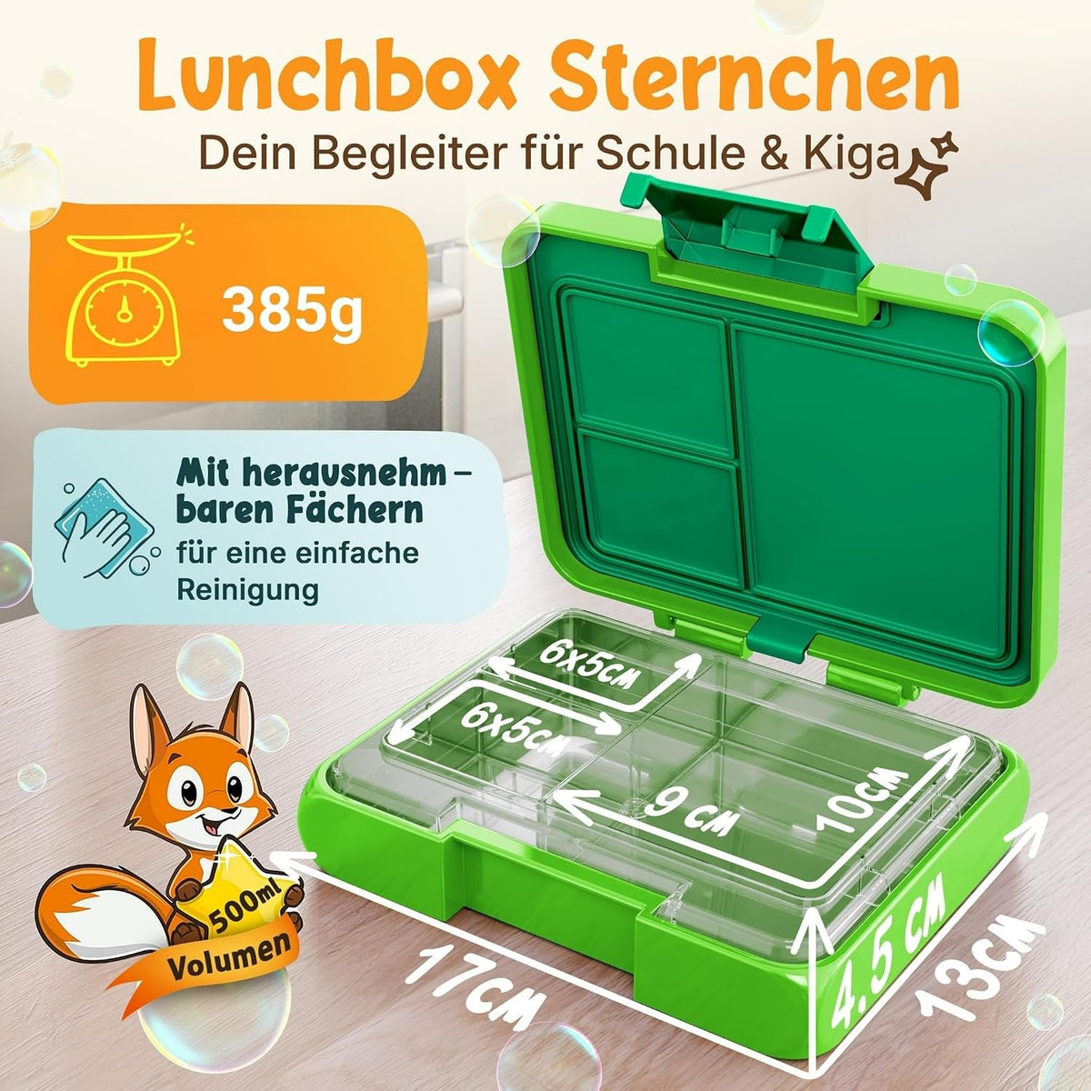 Boîte à repas Funkelfuchs Sternchen - 500 ml - 3 compartiments - Verte