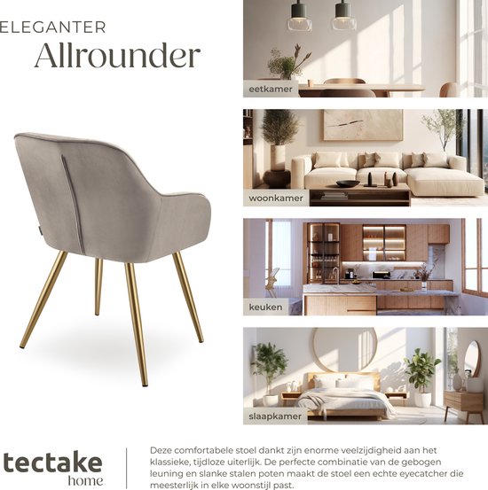 tectake® Velvet Chair - Chaise de salle à manger en velours matelassé, chaises de cuisine modernes, fauteuil confortable pour le salon, la salle à manger, la salle de séjour - taupe / gold
