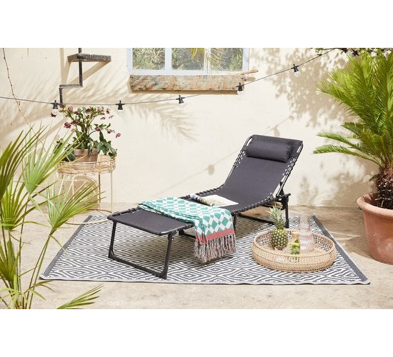 909 OUTDOOR Chaise longue pliable - Chaise longue avec coussin et dossier réglable - Chaise de jardin noire pour le jardin et la terrasse - Chaise de relaxation jusqu'à 110 kg max - 189 x 59 x 30 cm