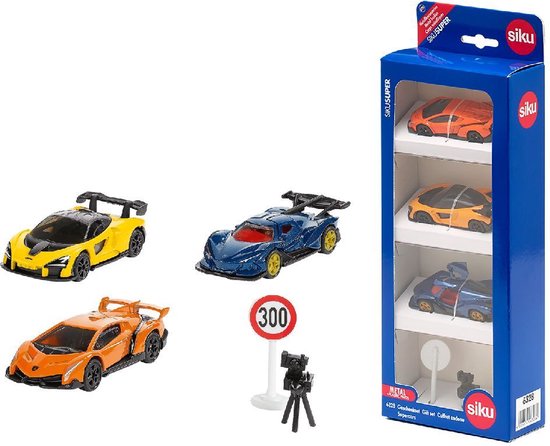 SIKU 6328, Coffret cadeau Supercars, Lamborghini Veneno, Apollo I.E., McLaren Senna, pièces articulées, avec panneau de signalisation et radar