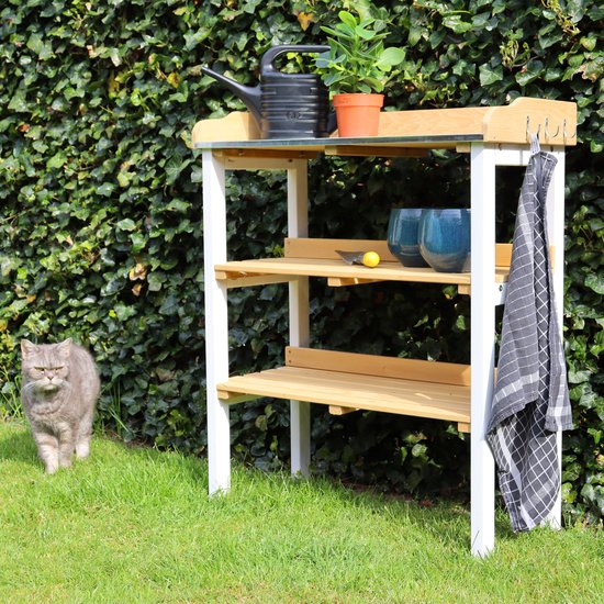 Table de jardin AXI avec étagères de rangement, marron/blanc - Table de jardin pratique avec plan de travail en zinc