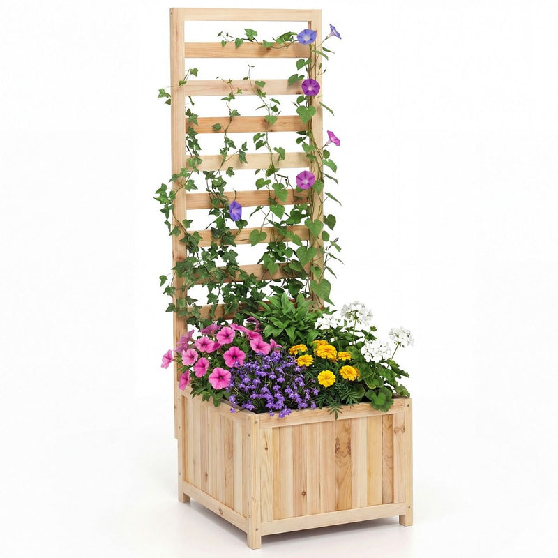 Jardinière surélevée en bois Coast avec treillis d'escalade - avec trous de drainage - panneaux réglables - couleur naturelle - 123 cm
