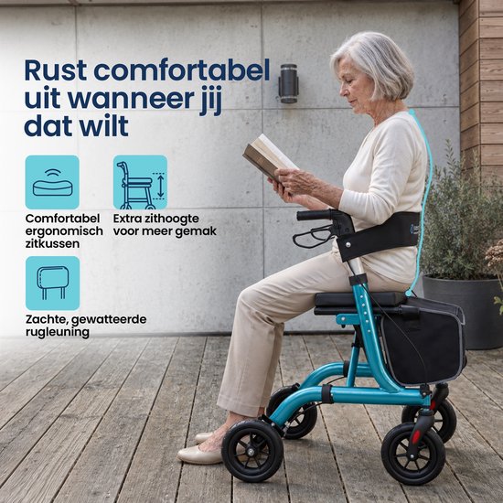 Rollator TrueSafe léger et pliable (6,9 kg) - Pour l'intérieur et l'extérieur - Avec coussin d'assise ergonomique, éclairage, dossier, support pour canne et bien plus encore - Bleu
