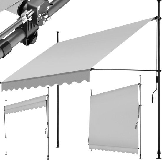 Tectake - Pare-soleil à pinces - 250 x 180 cm - équipé de polyester résistant aux UV, d'une manivelle et de barres télescopiques - pour balcon et terrasse - acier thermolaqué gris clair