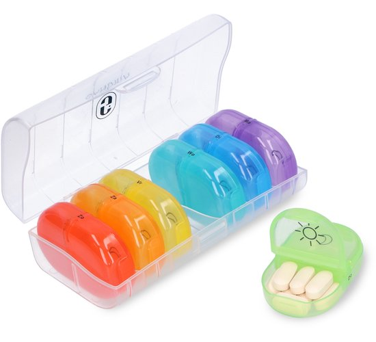 Pilulier Gandria 7 jours - Pilulier amovible - Boîte à pharmacie avec 14 compartiments - Boîte à pharmacie avec fermeture solide - 2 compartiments par jour - 7 couleurs
