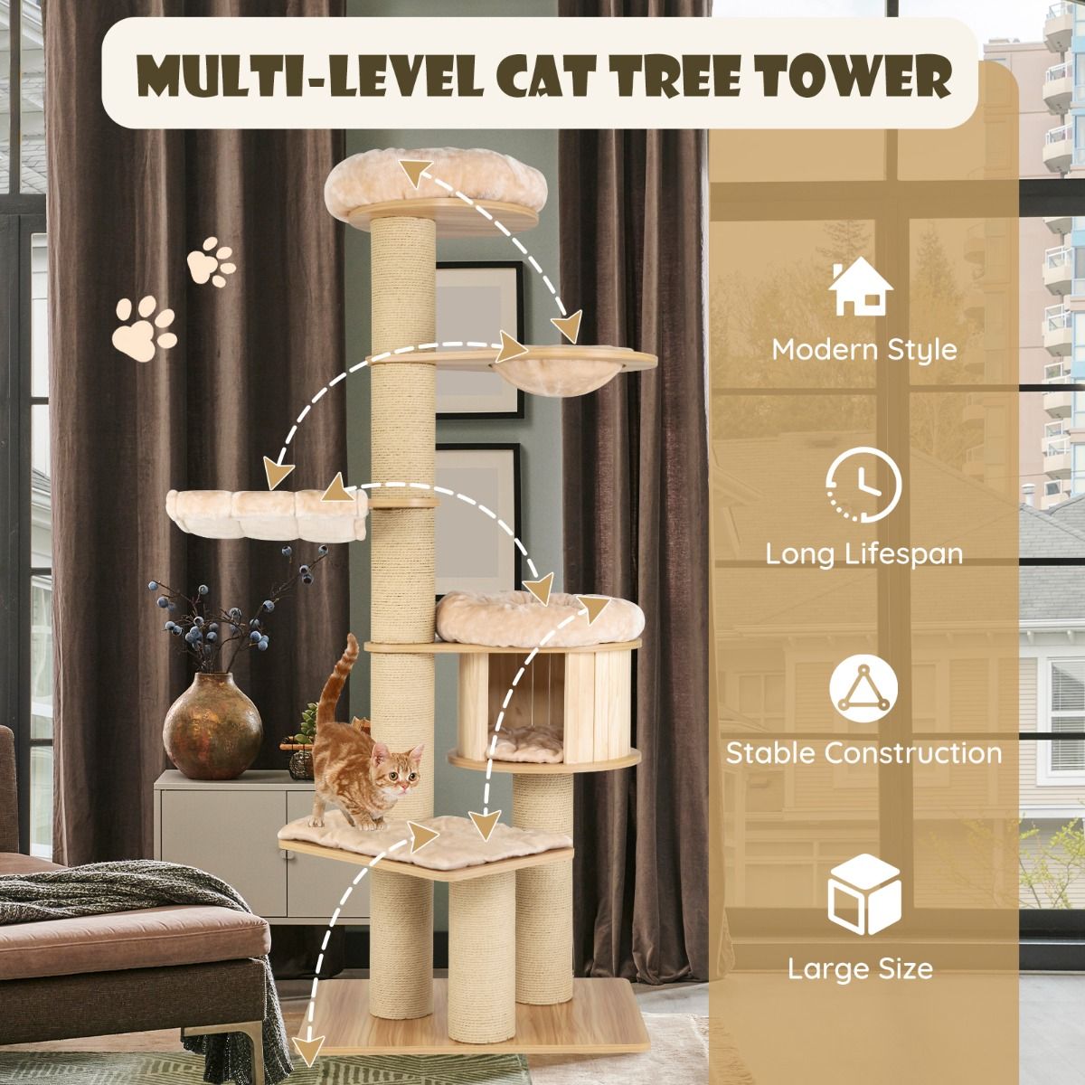 Structure d'escalade pour chats Coast - Plusieurs niveaux - Arbres à griffer et niche - Hamac et tapis lavables - Beige 75 x 56 x 191 cm
