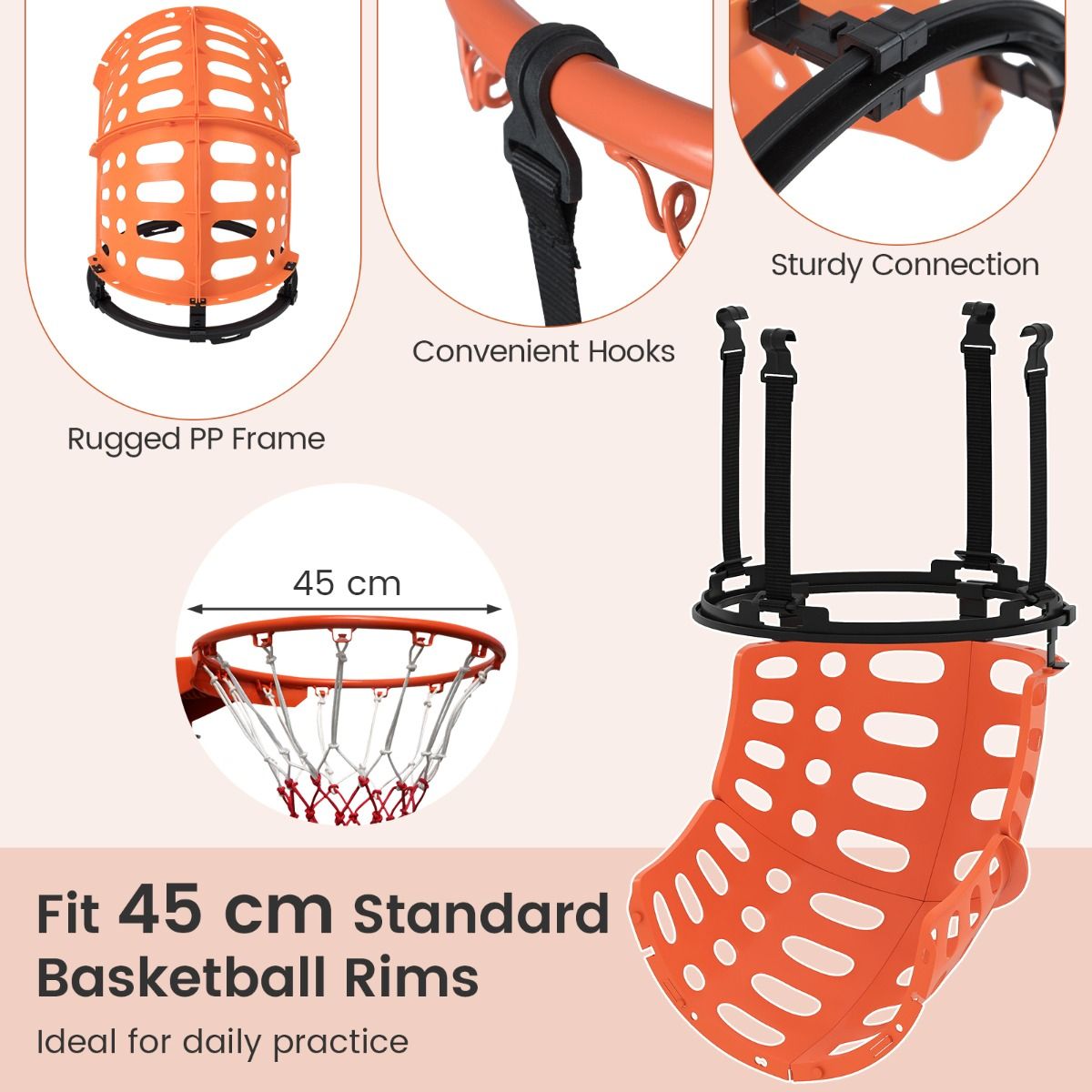Coast Rebondisseur de basket - Rotation à 360 degrés - Rebond réglable - Noir et orange
