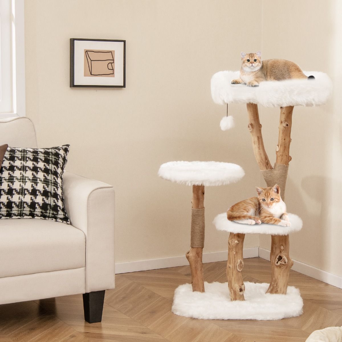 Arbre à chat Coast - bois massif et jute - 4 niveaux - naturel et blanc - 110 cm