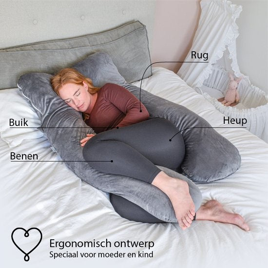 Ella® coussin de grossesse XXL en forme de U - Coussin de grossesse - Coussin en soie - Coussin de corps - Housse amovible en polaire Minky - 140x80cm - Gris