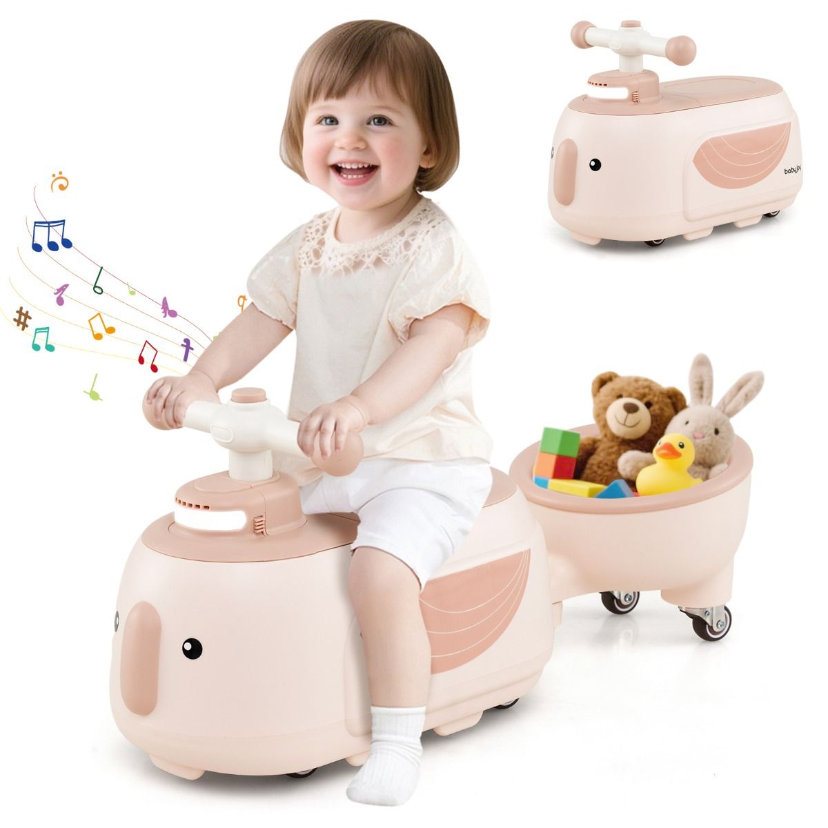Voiture à pédales Coast avec remorque - Chansons et lumières - Espace de rangement - Beige et rose