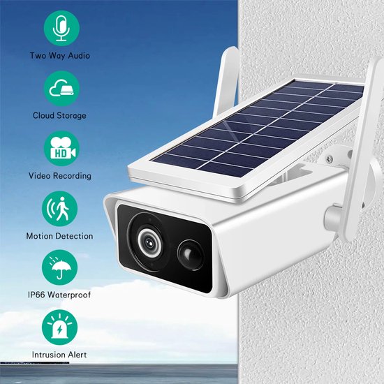 Fuegobird Q1 Solar Energy Security Cameras - 4MP - monobande (2,4 GHz) - Caméra IP - Panneau solaire intégré - IP66 Waterproof - Blanc
