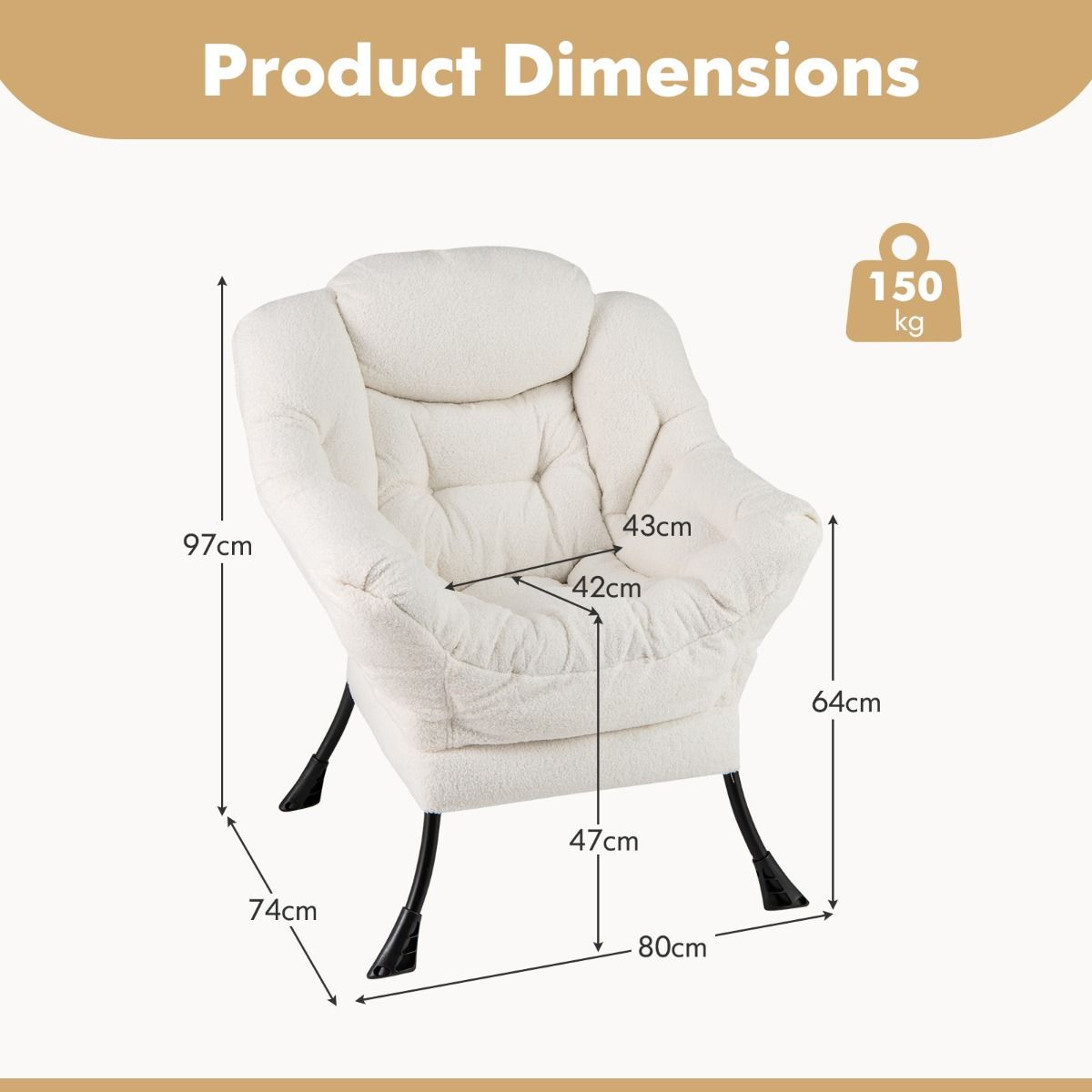 Fauteuil relax Coast - Fauteuil de détente rembourré avec coussin d'appui-tête - Compartiment de rangement - Beige