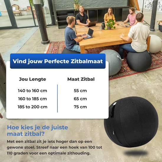 Ballon de siège Backerz 65 cm - Ballons de siège avec housse en lin - Chaise de bureau ergonomique pour le bureau et la maison - Ballon de yoga de luxe - Noir