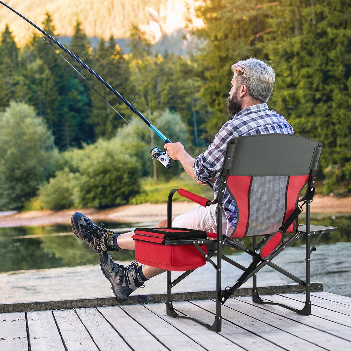 Chaise de camping Coast - avec table d'appoint et glacière - pliable - rouge