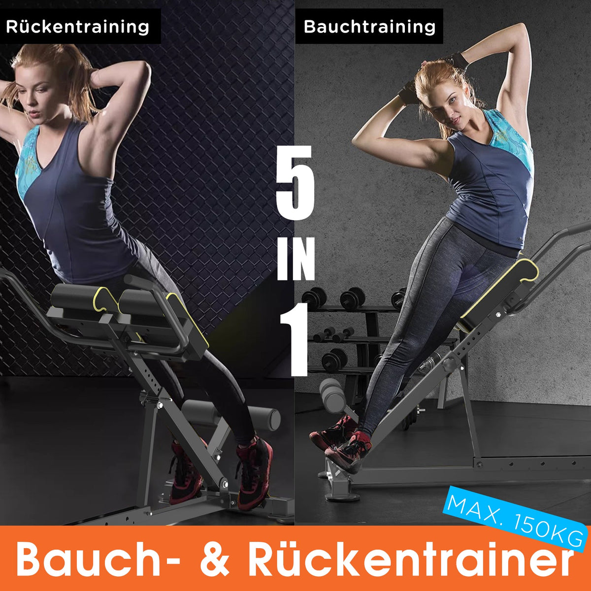 DH FitLife Appareil d'entraînement pour le dos 5-en-1 - Banc d'hyperextension - Réglable - Jusqu'à 150 kg - Pliable et compact
