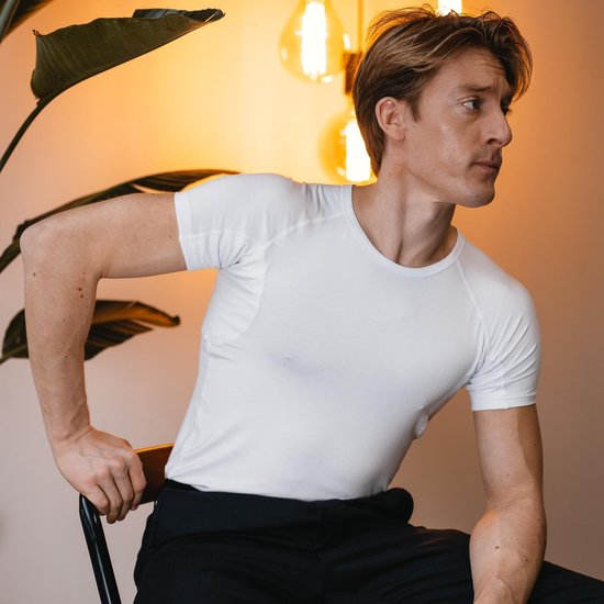 Tshirt Anti transpiration - Fibershirts® - Coussinets d'aisselles cousus - Maillot de corps - Blanc - Col rond - Hommes - Taille L