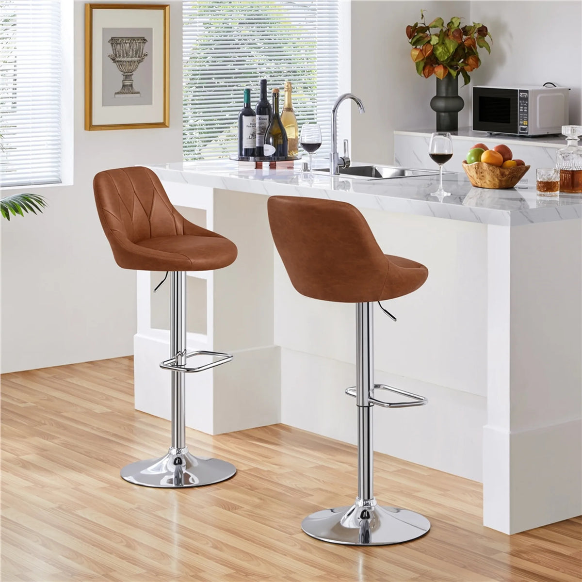 Yaheetech Lot de 2 tabourets de bar réglables / chaises de bar 86-107,5 cm – Marron chaleureux – Simili cuir et métal