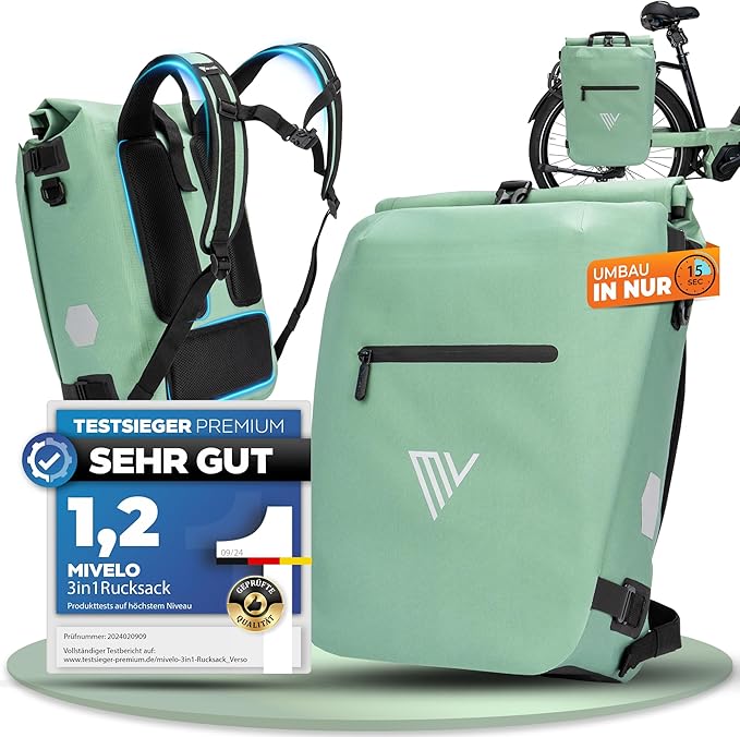 MIVELO 3-in-1 Pannier - Sac à dos et sac à bandoulière - Imperméable - Comprend un compartiment pour ordinateur portable - 20L - Mint