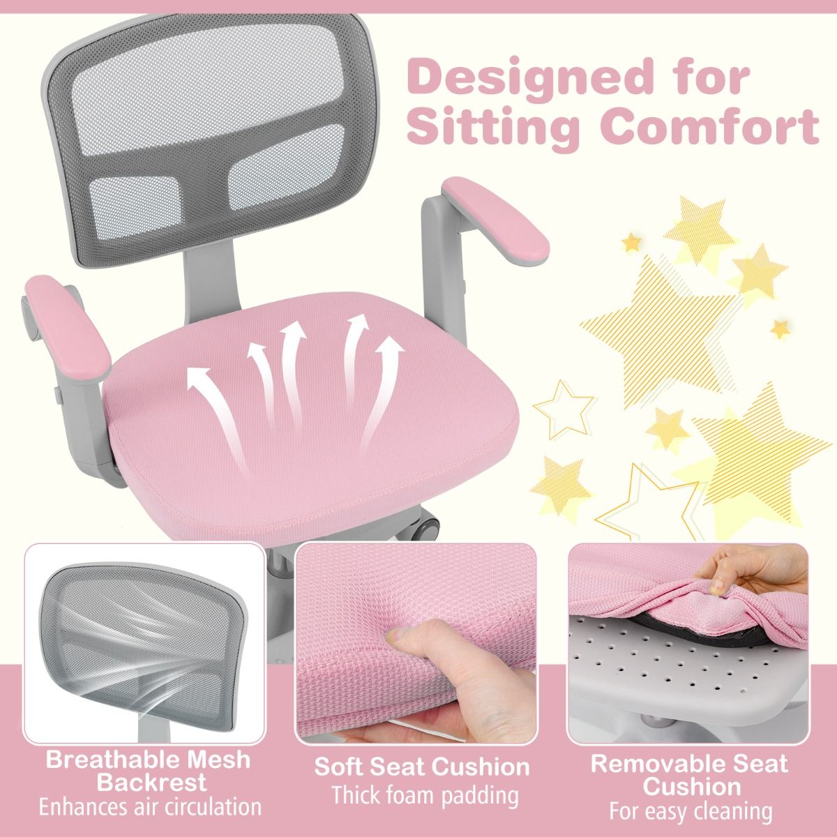 Chaise de bureau pour enfant Coast - réglable en hauteur - pivotante avec roulettes - rose