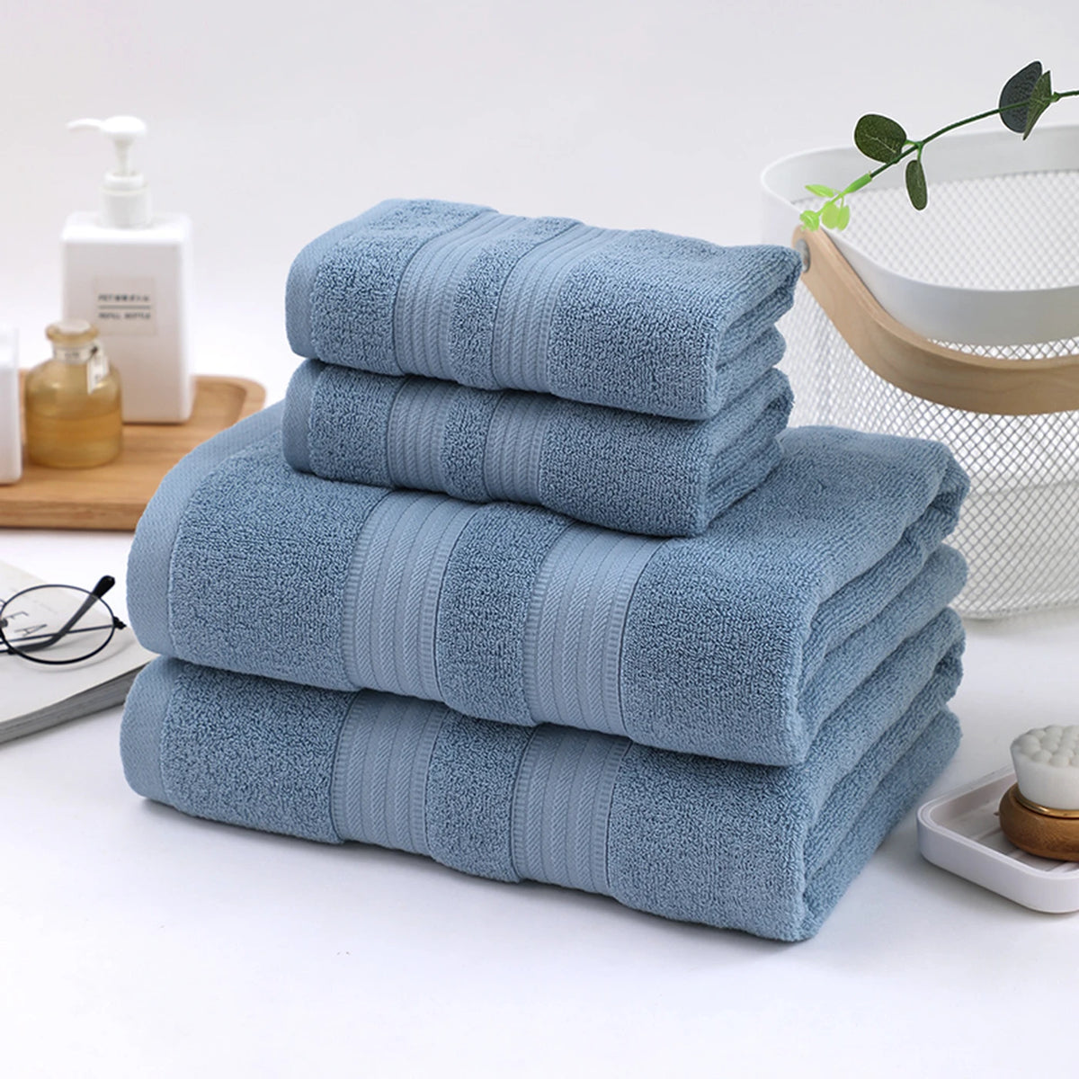 Lot de 4 serviettes de bain Tuqiang - Bleu - 100 % coton, fil brossé