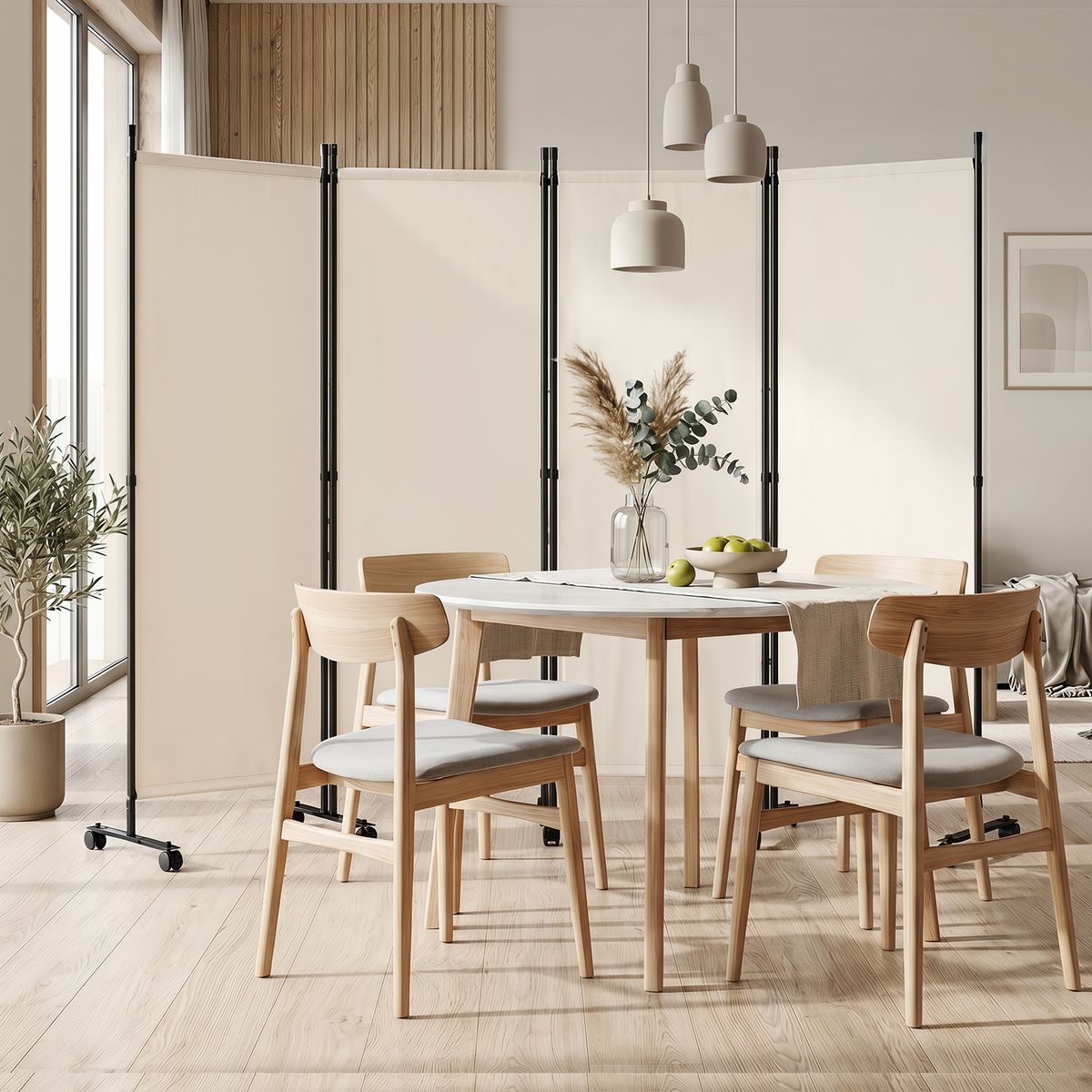 Coast : paravent à 4 panneaux sur roulettes - pliable - protège de la vue - beige - 1 pièce