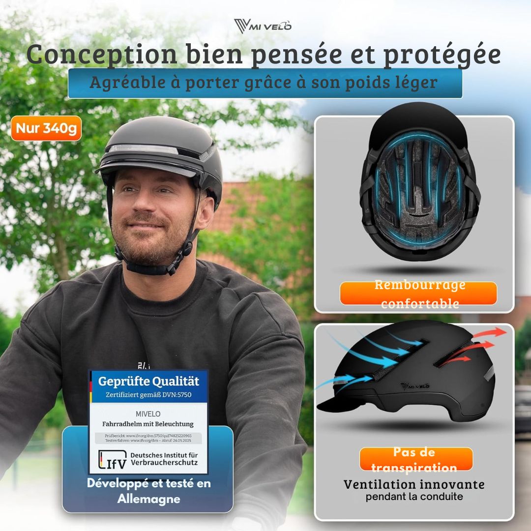 Casque de vélo unisexe Mivelo -  Avec lumière - Certifié NTA jusqu'à 45km/h - Taille L (57-51 cm) - Noir