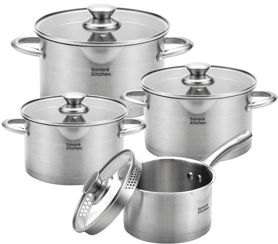 Savoré Kitchen 8-piece stainless steel pan set - Cooking Pans with Glass Lid - Induction Pans - Drain rim, Graduation and Versing Spout