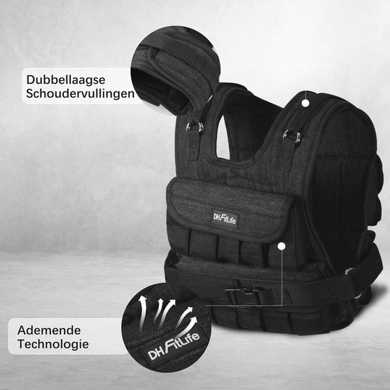 Gilet lesté réglable DH FitLife 20 kg, compact et stable, pour le développement musculaire et la musculation, gilet lesté, gilet de course à pied pour femmes et hommes, gilet de fitness, gilet d'entraînement