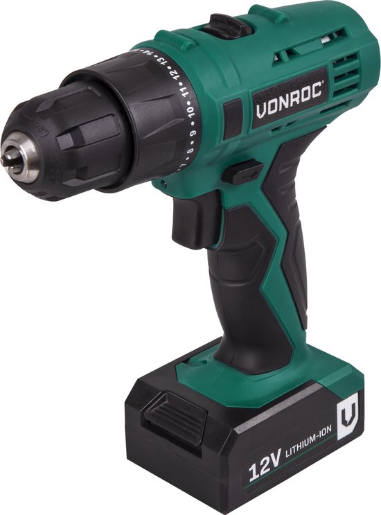 VONROC Perceuse sans fil - 12V Li-Ion - Incluant 1x batterie, chargeur rapide, embouts de vissage et sac de rangement