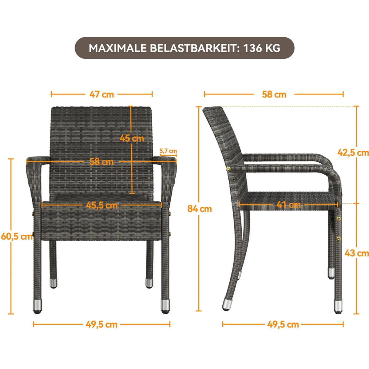 Yaheetech Lot de 2 chaises de jardin empilables en rotin PE 58 x 58 x 84 cm – Gris chaleureux – Rotin et métal